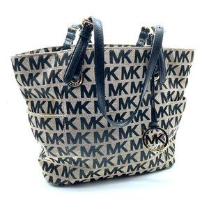 Michael Kors Black and Tan Signature MK Logo Canvas Tote Bag / Shoulder Purse